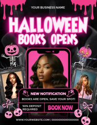 Editable Halloween Books Open Flyer | Pink Drip Hair Stylist Promotion Template